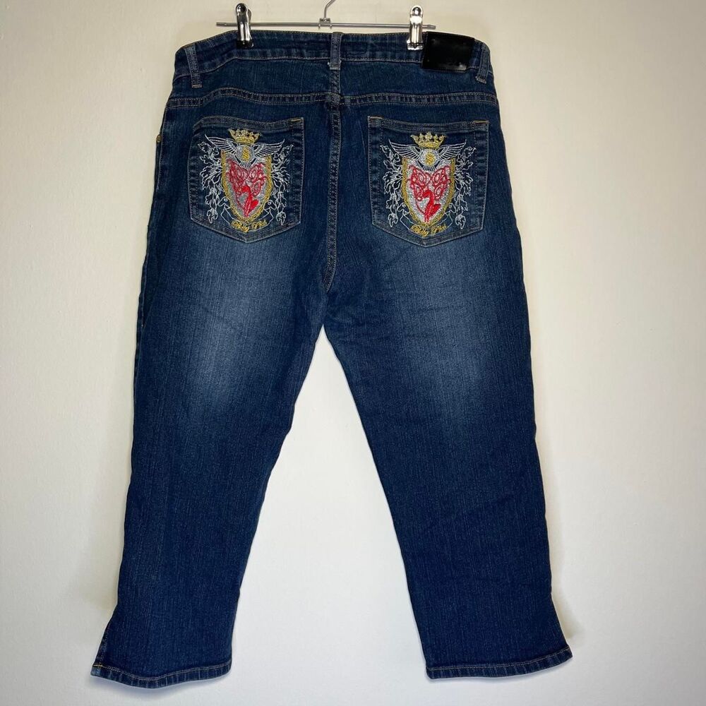 Baby Phat Jeans Y2K Vintage Capri Embroidered Cat Wings Size 17 18 Waist 37"
